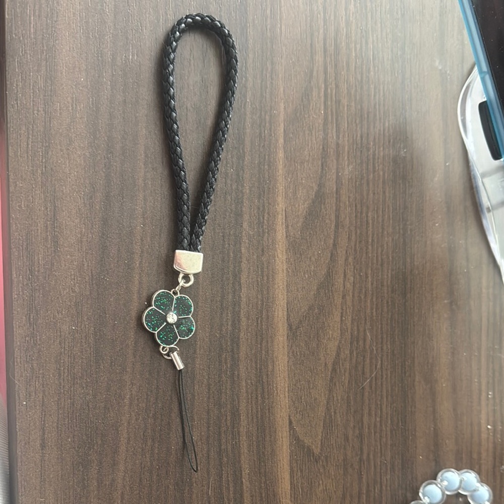 Black and Green Clover Charm Wrist Lanyard